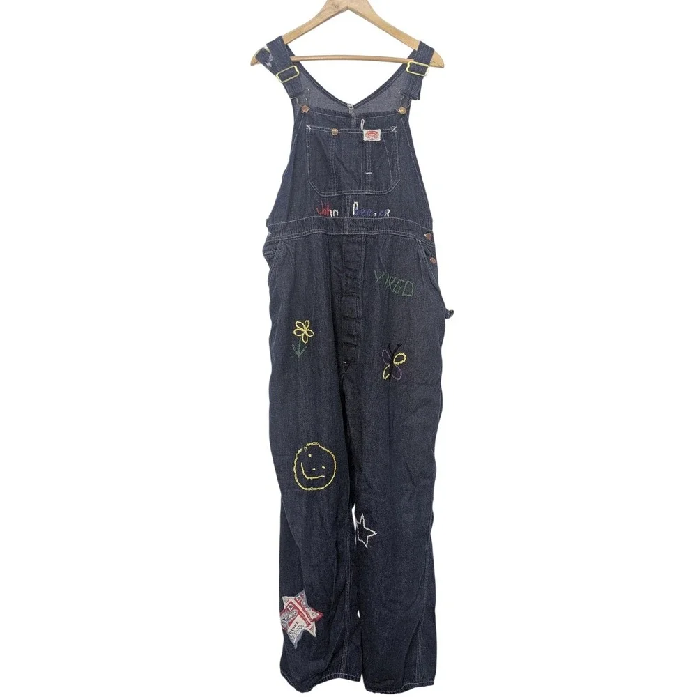 1970s dark indigo denim Embroidered and patchwork‎ customized overalls, American - Picture 8 of 9